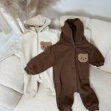 Brown fleece lined button up teddy romper with hood