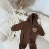 Beige Fleece Lined button up teddy romper with hood