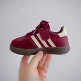 Burgundy & white striped kids trainers