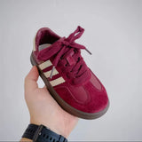 Burgundy & white striped kids trainers