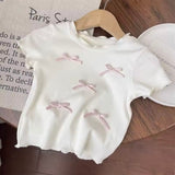 White short sleeve pink bow top