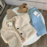 Girls beige button up winter jacket