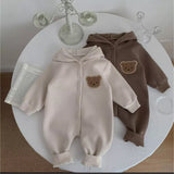 Beige Fleece Lined button up teddy romper with hood