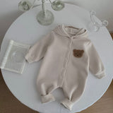 Beige Fleece Lined button up teddy romper with hood