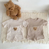 Beige pocket teddy two piece top & shorts set