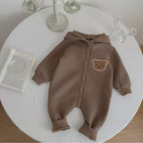 Brown fleece lined button up teddy romper with hood